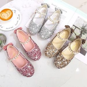 Girls Mary Jane Sequin Lace Bow Kids Shoes. size 8-3